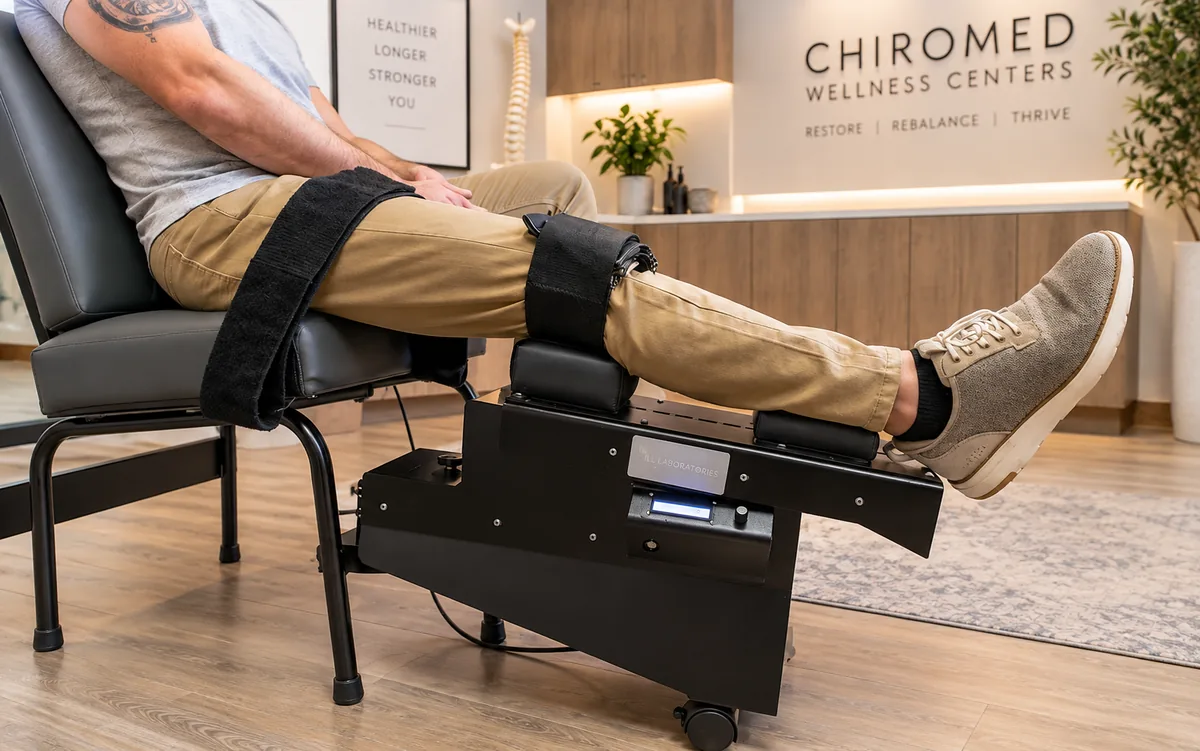The knee decompression unit positioned on a patient’s leg.