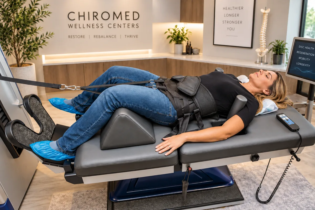 A patient on the spinal decompression table with the traction harness fitted.